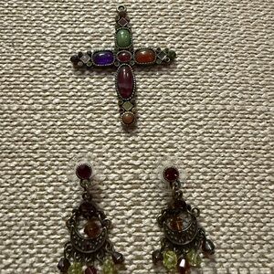 Premier Designs Multicolor Gemstone Cross Pendant & Moon Dangle Earrings.